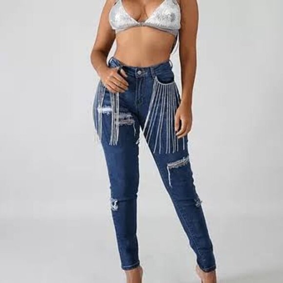 Hot & Delicious Denim - New Hot & Delicious Denim Rhinestone Fringed Skinny Jeans P6577